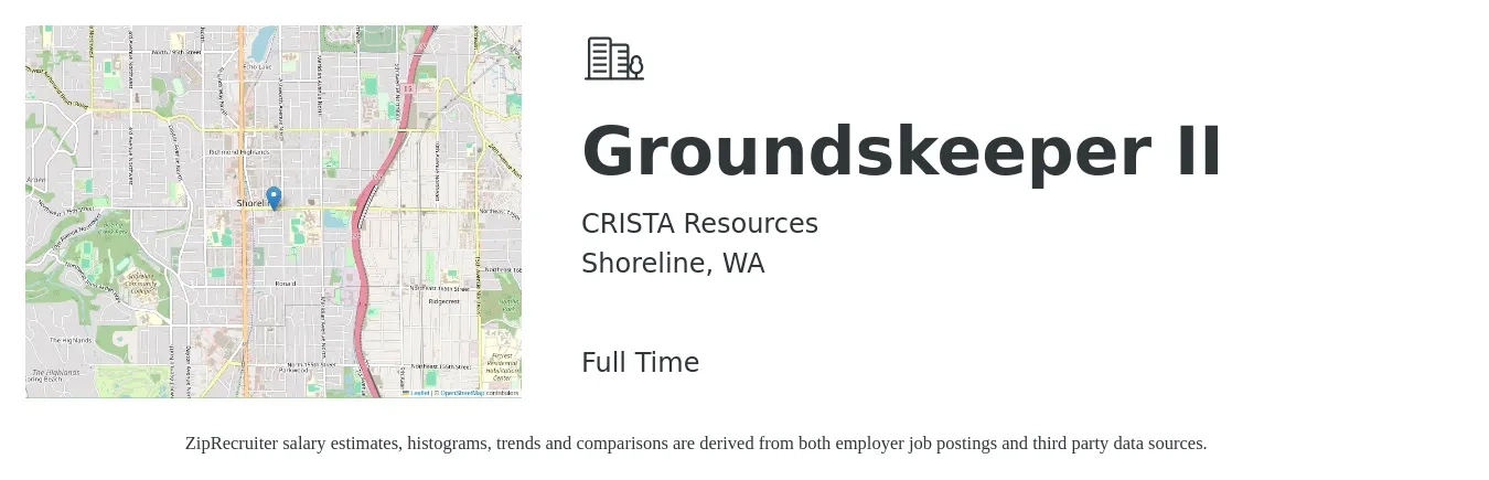 CRISTA Resources job posting for a Groundskeeper II in Shoreline, WA with a salary of $23 to $27 Hourly with a map of Shoreline location.