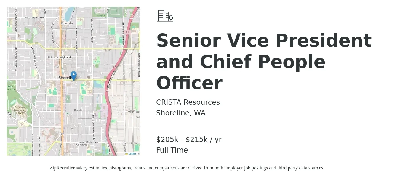 CRISTA Resources job posting for a Senior Vice President and Chief People Officer in Shoreline, WA with a salary of $205,000 to $215,000 Yearly with a map of Shoreline location.