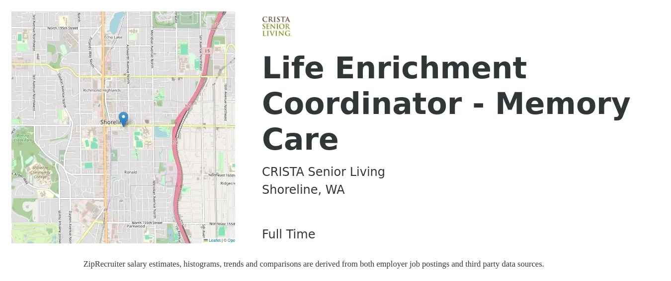 CRISTA Senior Living job posting for a Life Enrichment Coordinator - Memory Care in Shoreline, WA with a salary of $20 to $23 Hourly with a map of Shoreline location.