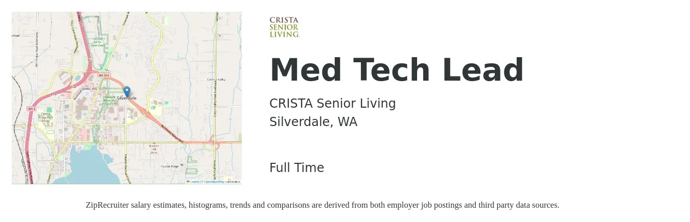 CRISTA Senior Living job posting for a Med Tech Lead in Silverdale, WA with a salary of $23 to $26 Hourly with a map of Silverdale location.