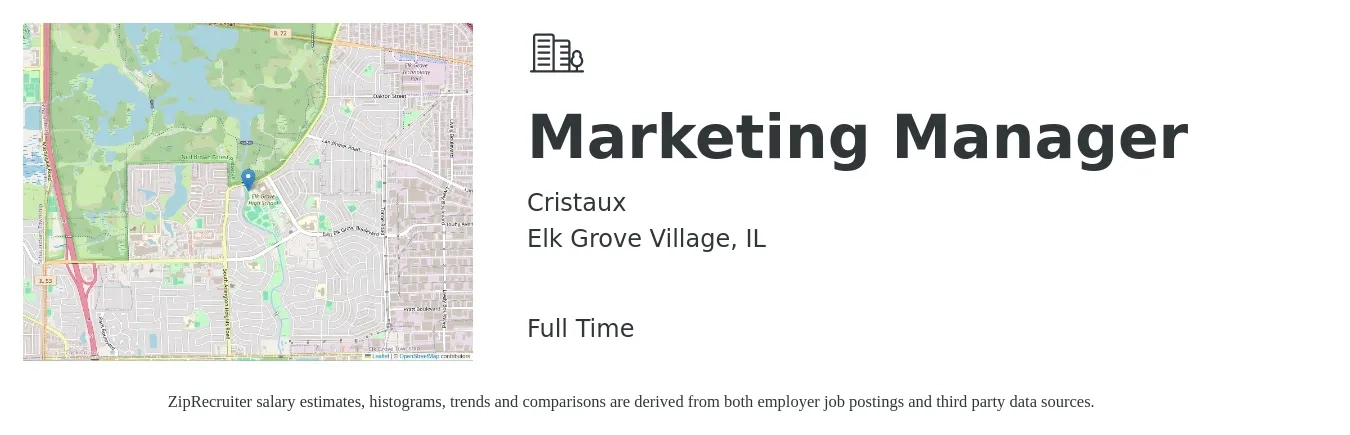 Cristaux job posting for a Marketing Manager in Elk Grove Village, IL with a salary of $75,000 to $85,000 Yearly with a map of Elk Grove Village location.