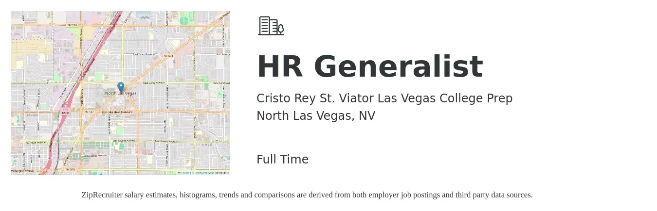 Cristo Rey St. Viator Las Vegas College Prep job posting for a HR Generalist in North Las Vegas, NV with a salary of $48,400 to $68,800 Yearly with a map of North Las Vegas location.