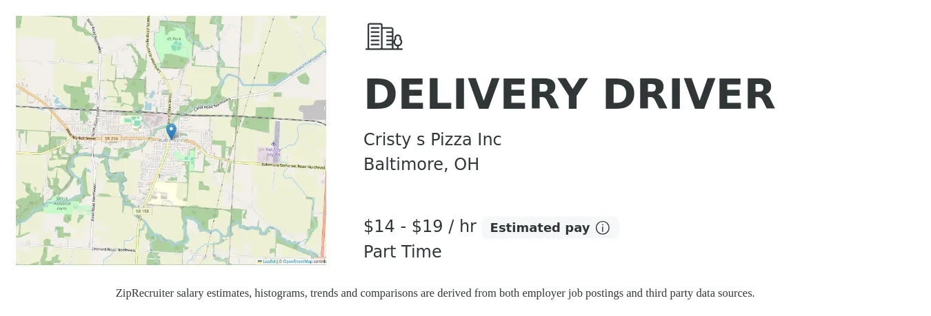 Cristy s Pizza Inc job posting for a DELIVERY DRIVER in Baltimore, OH with a salary of $15 to $20 Hourly with a map of Baltimore location.