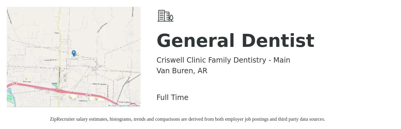 Criswell Clinic Family Dentistry - Main job posting for a General Dentist in Van Buren, AR with a salary of $143,800 to $232,400 Yearly with a map of Van Buren location.