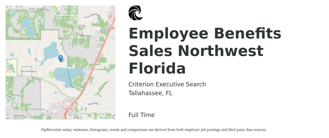 Criterion Executive Search job posting for a Employee Benefits Sales Northwest Florida in Tallahassee, FL with a salary of $71,200 to $105,400 Yearly with a map of Tallahassee location.