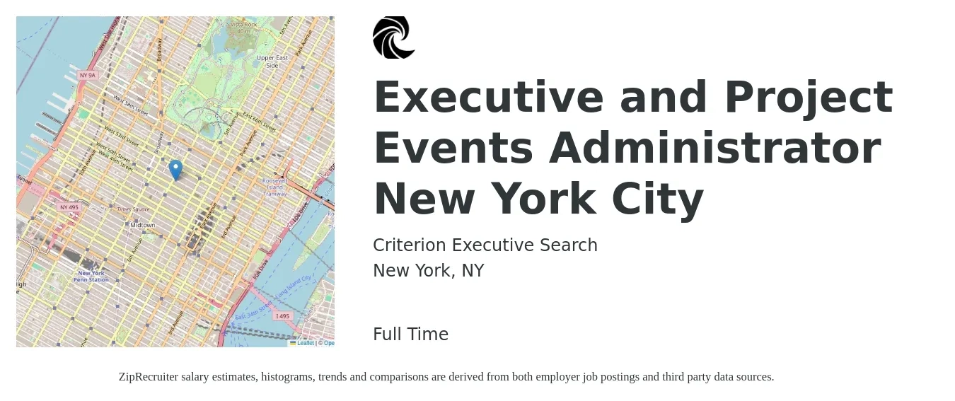 Criterion Executive Search job posting for a Executive and Project Events Administrator New York City in New York, NY with a salary of $62,400 to $94,600 Yearly with a map of New York location.