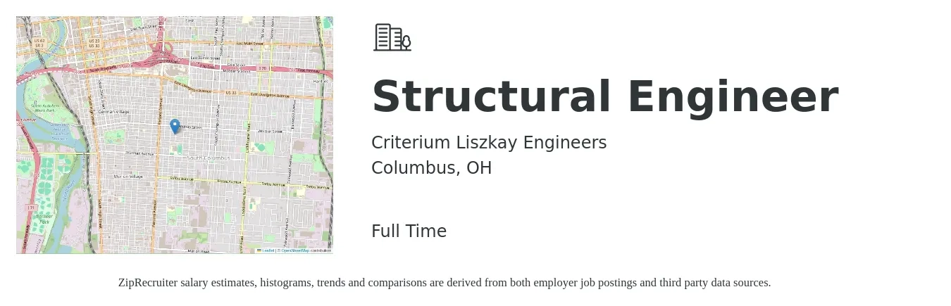 Criterium Liszkay Engineers job posting for a Structural Engineer in Columbus, OH with a salary of $77,300 to $109,100 Yearly with a map of Columbus location.