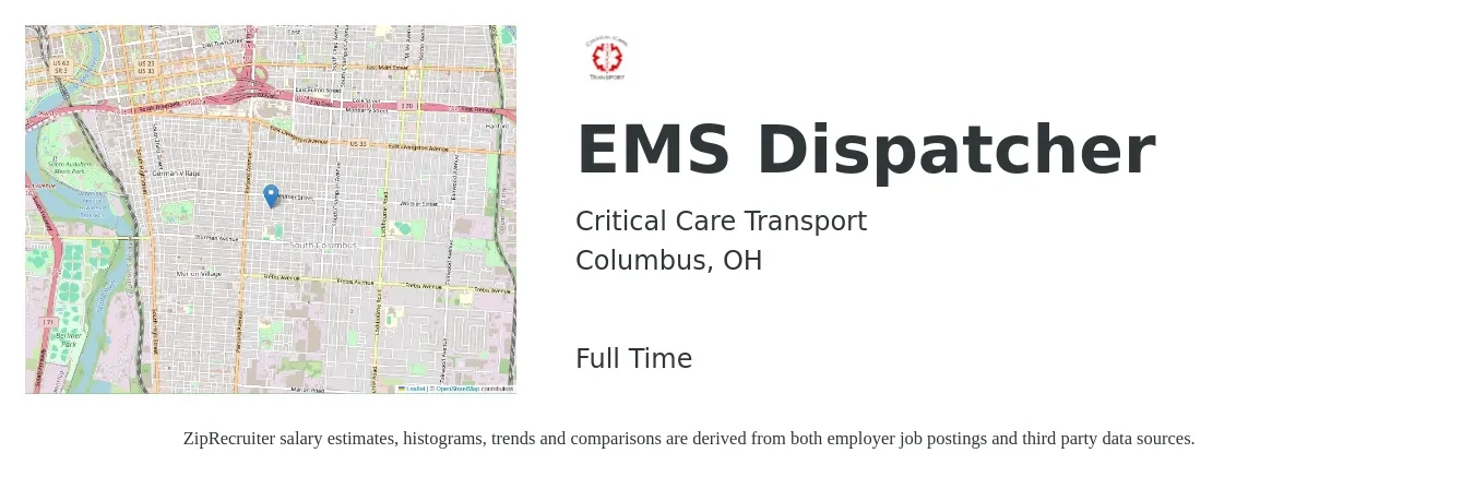 Critical Care Transport job posting for a EMS Dispatcher in Columbus, OH with a salary of $17 to $24 Hourly with a map of Columbus location.