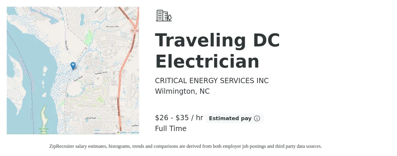 CRITICAL ENERGY SERVICES INC job posting for a Traveling DC Electrician in Wilmington, NC with a salary of $23 to $29 Hourly with a map of Wilmington location.