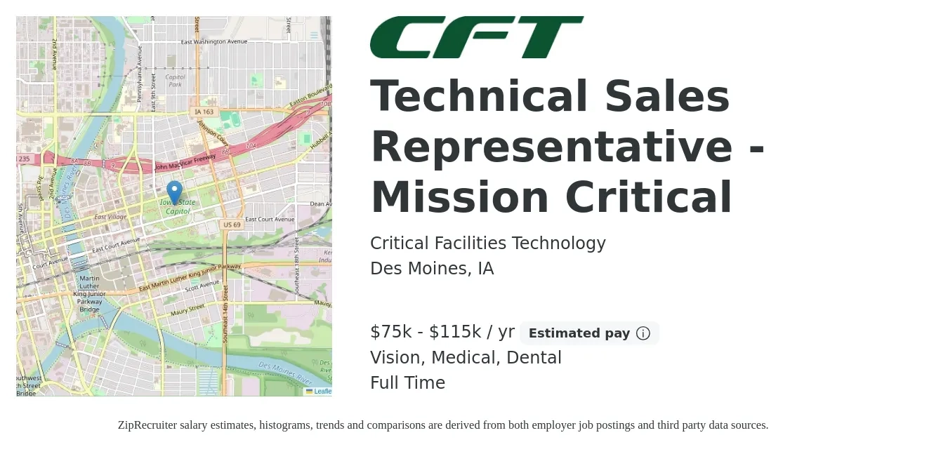 Critical Facilities Technology job posting for a Technical Sales Representative - Mission Critical in Des Moines, IA with a salary of $75,000 to $115,000 Yearly and benefits including vision, dental, and medical with a map of Des Moines location.
