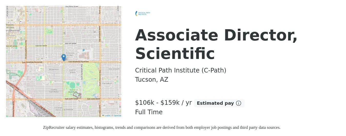 Critical Path Institute (C-Path) job posting for a Associate Director, Scientific in Tucson, AZ with a salary of $106,240 to $159,360 Yearly with a map of Tucson location.