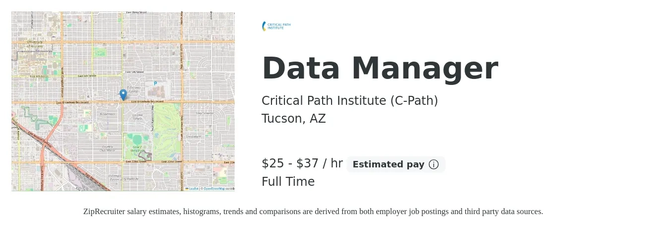 Critical Path Institute (C-Path) job posting for a Data Manager in Tucson, AZ with a salary of $54,600 to $81,400 Yearly with a map of Tucson location.
