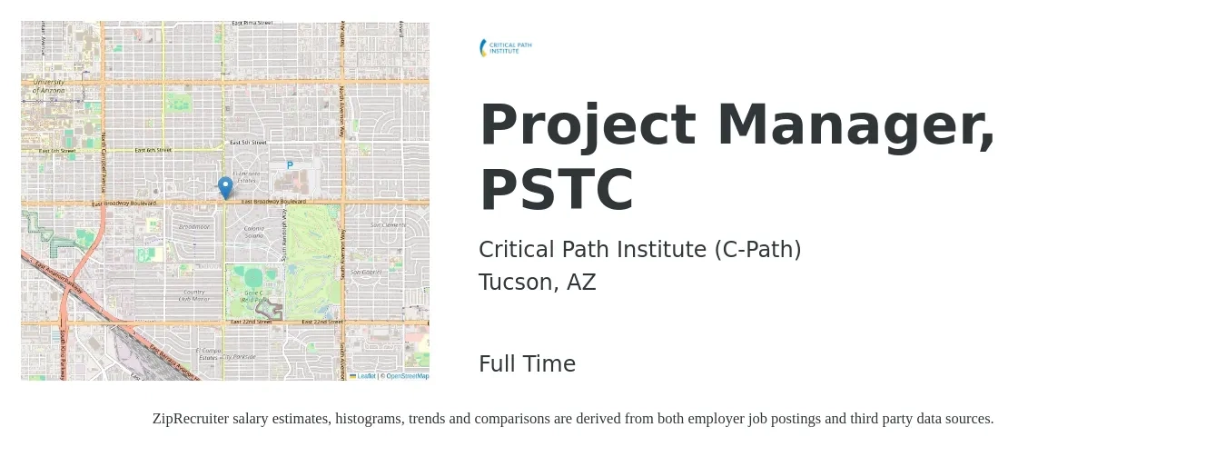 Critical Path Institute (C-Path) job posting for a Project Manager, PSTC in Tucson, AZ with a salary of $34 to $50 Hourly with a map of Tucson location.