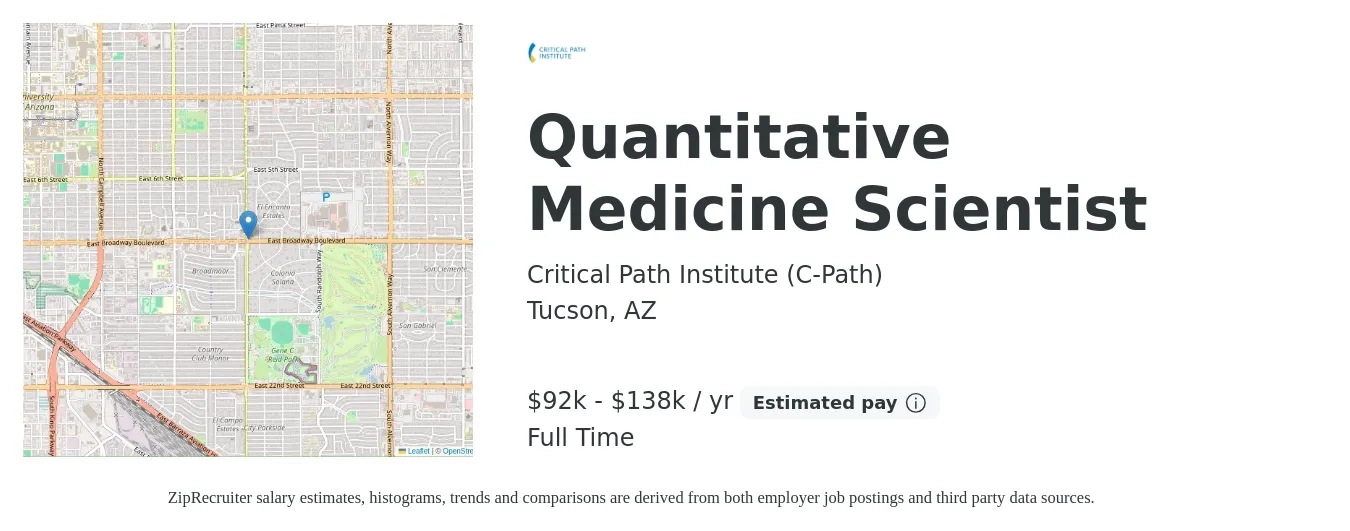 Critical Path Institute (C-Path) job posting for a Quantitative Medicine Scientist in Tucson, AZ with a salary of $92,400 to $138,600 Yearly with a map of Tucson location.