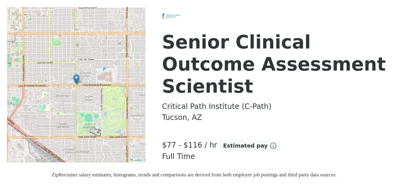Critical Path Institute (C-Path) job posting for a Senior Clinical Outcome Assessment Scientist in Tucson, AZ with a salary of $168,560 to $252,840 Yearly with a map of Tucson location.