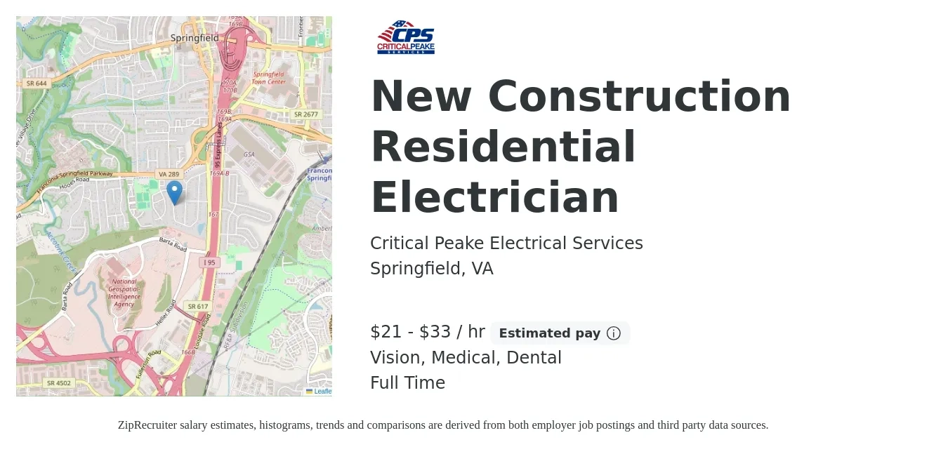 Critical Peake Electrical Services job posting for a New Construction Residential Electrician in Springfield, VA with a salary of $22 to $35 Hourly and benefits including dental, medical, and vision with a map of Springfield location.