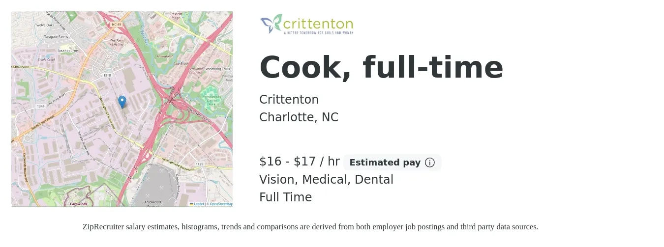 Crittenton job posting for a Cook, full-time in Charlotte, NC with a salary of $17 to $18 Hourly and benefits including vision, dental, life_insurance, medical, pto, and retirement with a map of Charlotte location.