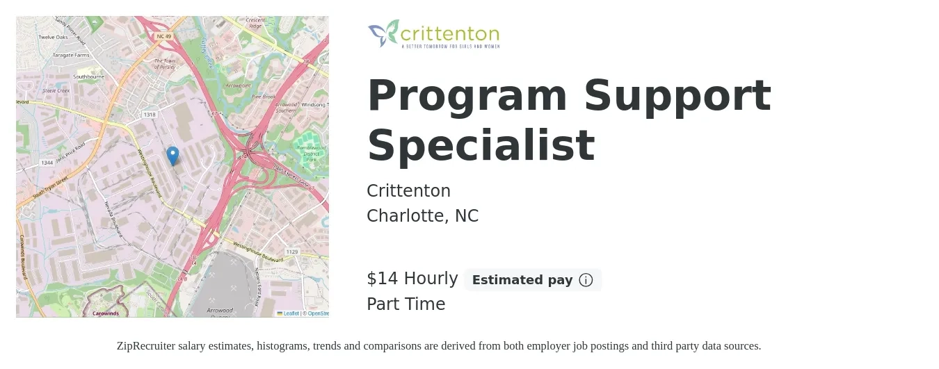 Crittenton job posting for a Program Support Specialist in Charlotte, NC with a salary of $15 Hourly with a map of Charlotte location.