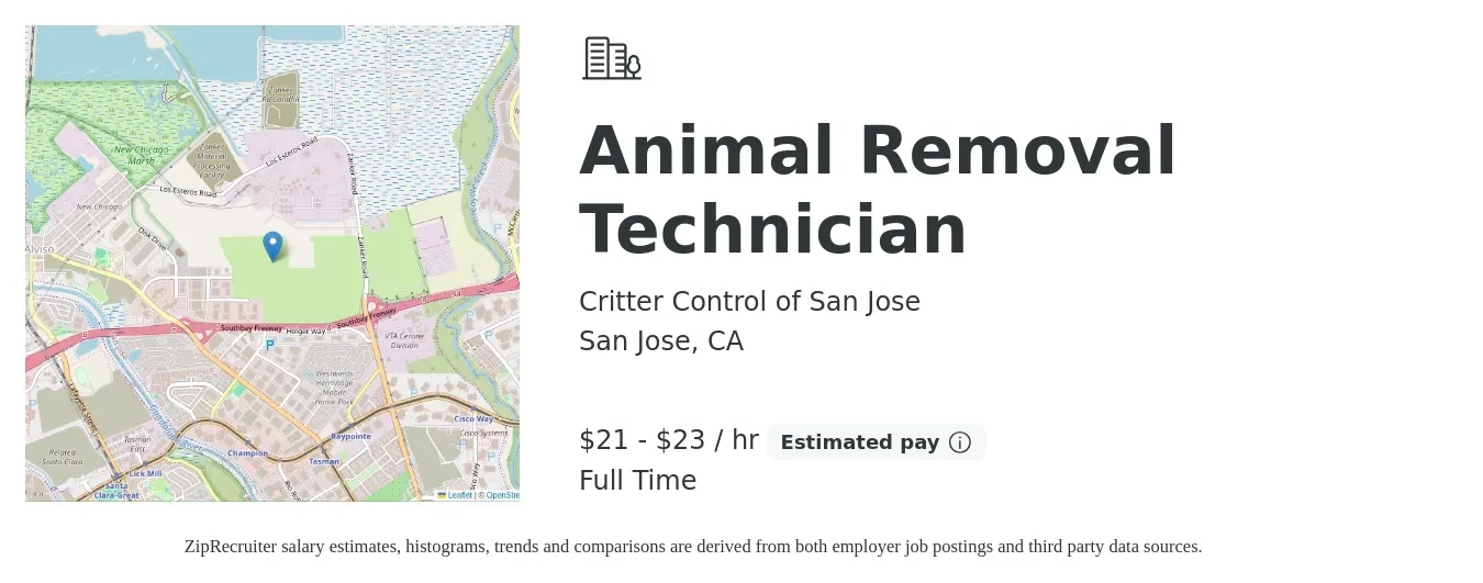 Critter Control of San Jose job posting for a Animal Removal Technician in San Jose, CA with a salary of $22 to $24 Hourly with a map of San Jose location.