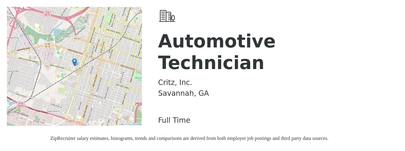 Critz, Inc. job posting for a Automotive Technician in Savannah, GA with a salary of $70,000 Yearly with a map of Savannah location.