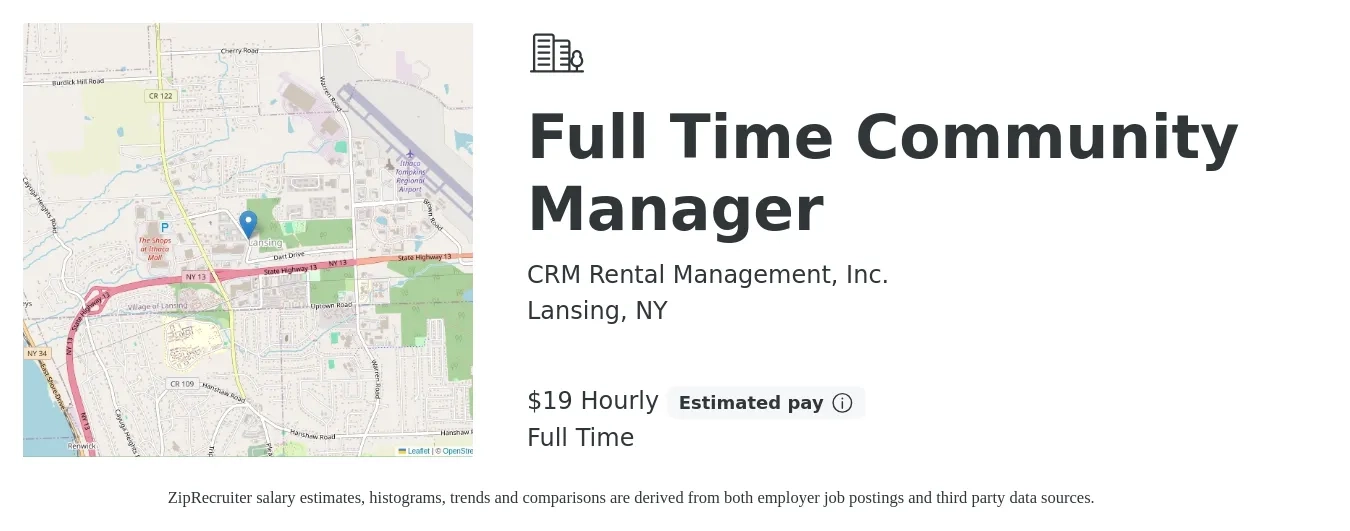 CRM Rental Management, Inc. job posting for a Full Time Community Manager in Lansing, NY with a salary of $20 Hourly with a map of Lansing location.