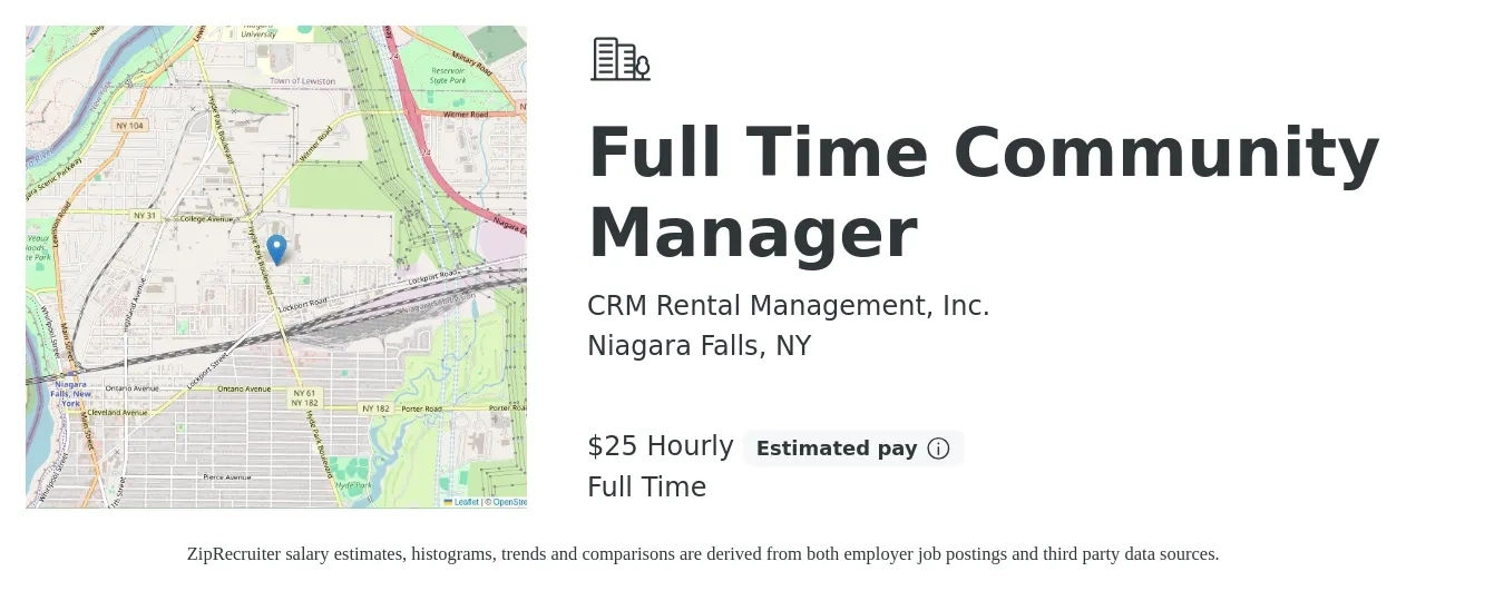 CRM Rental Management, Inc. job posting for a Full Time Community Manager in Niagara Falls, NY with a salary of $26 Hourly with a map of Niagara Falls location.