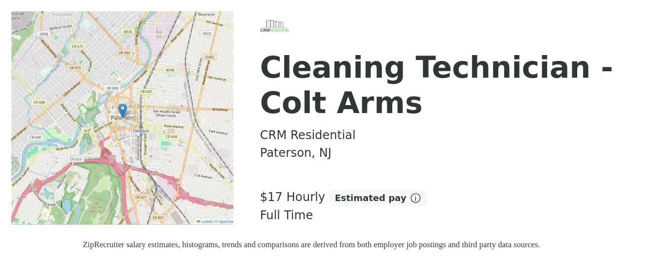 CRM Residential job posting for a Cleaning Technician - Colt Arms in Paterson, NJ with a salary of $18 Hourly with a map of Paterson location.
