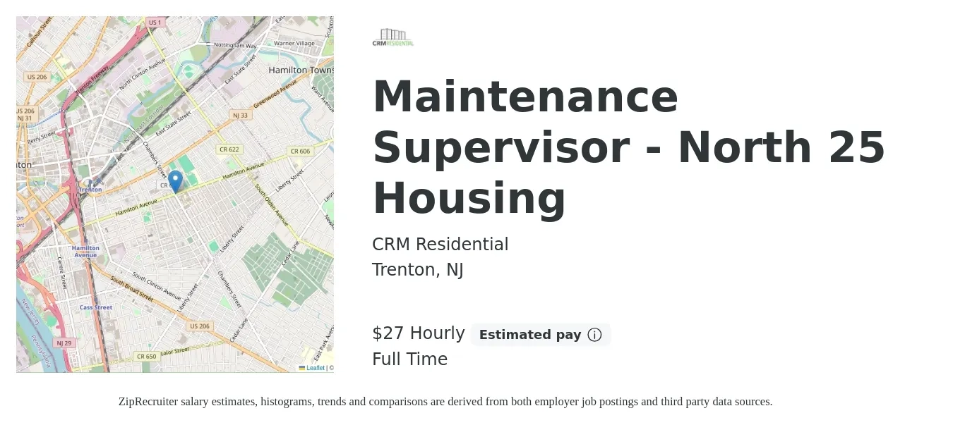 CRM Residential job posting for a Maintenance Supervisor - North 25 Housing in Trenton, NJ with a salary of $29 Hourly with a map of Trenton location.
