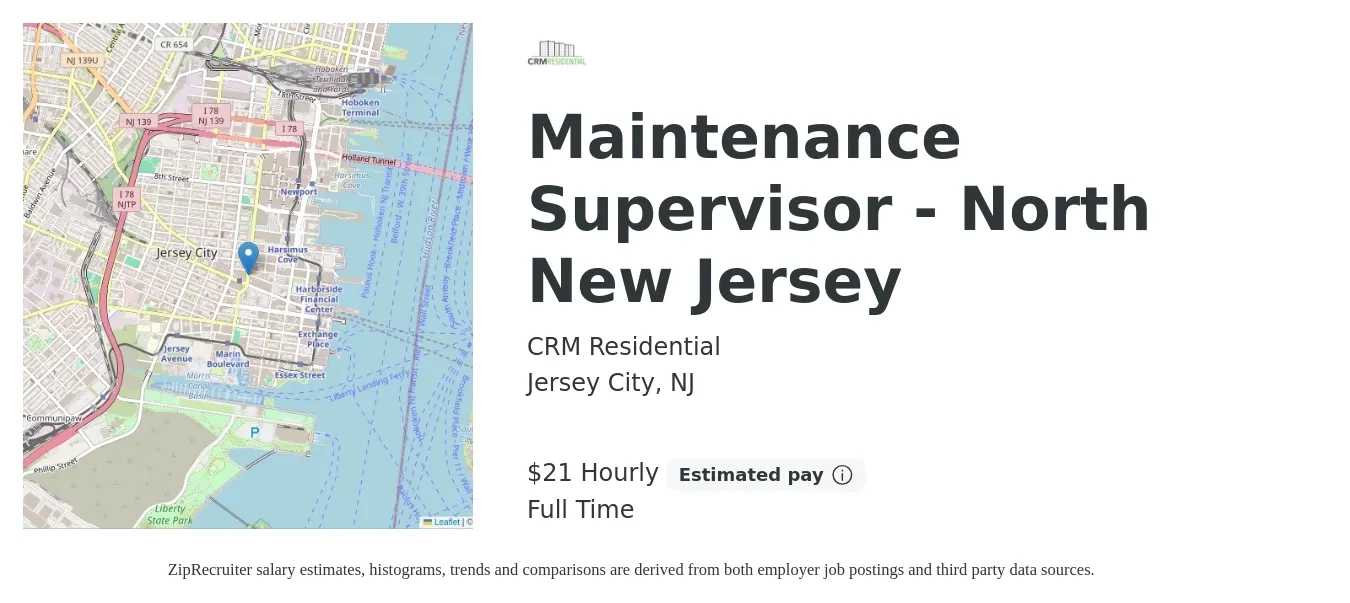 CRM Residential job posting for a Maintenance Supervisor - North New Jersey in Jersey City, NJ with a salary of $22 Hourly with a map of Jersey City location.