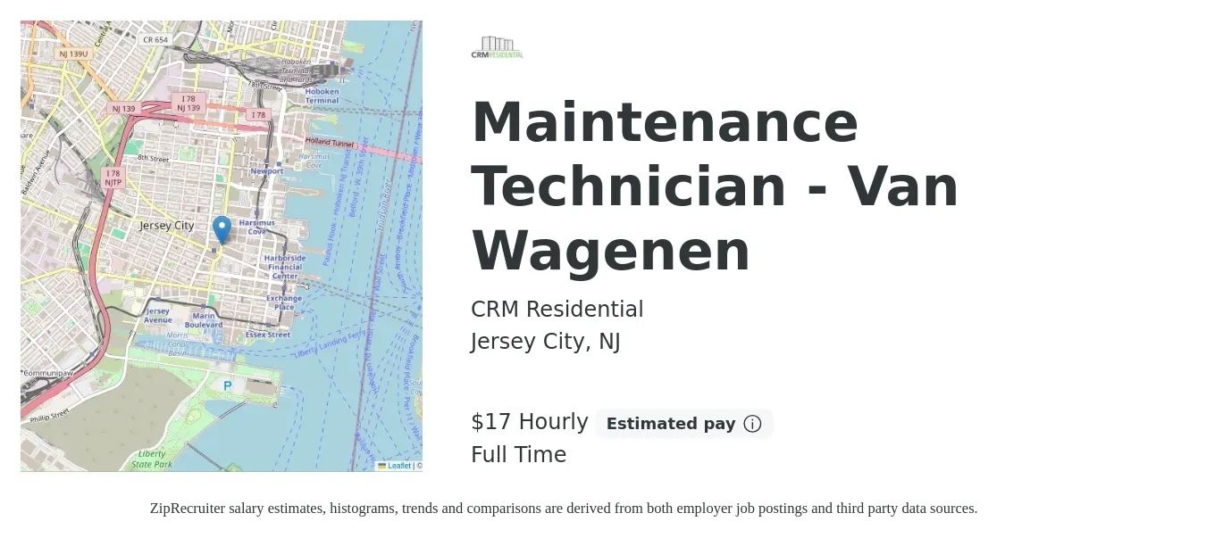 CRM Residential job posting for a Maintenance Technician - Van Wagenen in Jersey City, NJ with a salary of $18 Hourly with a map of Jersey City location.