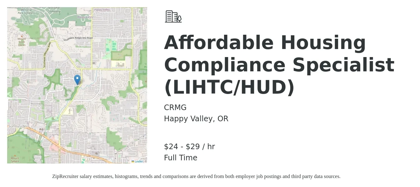 CRMG job posting for a Affordable Housing Compliance Specialist (LIHTC/HUD) in Happy Valley, OR with a salary of $25 to $31 Hourly with a map of Happy Valley location.
