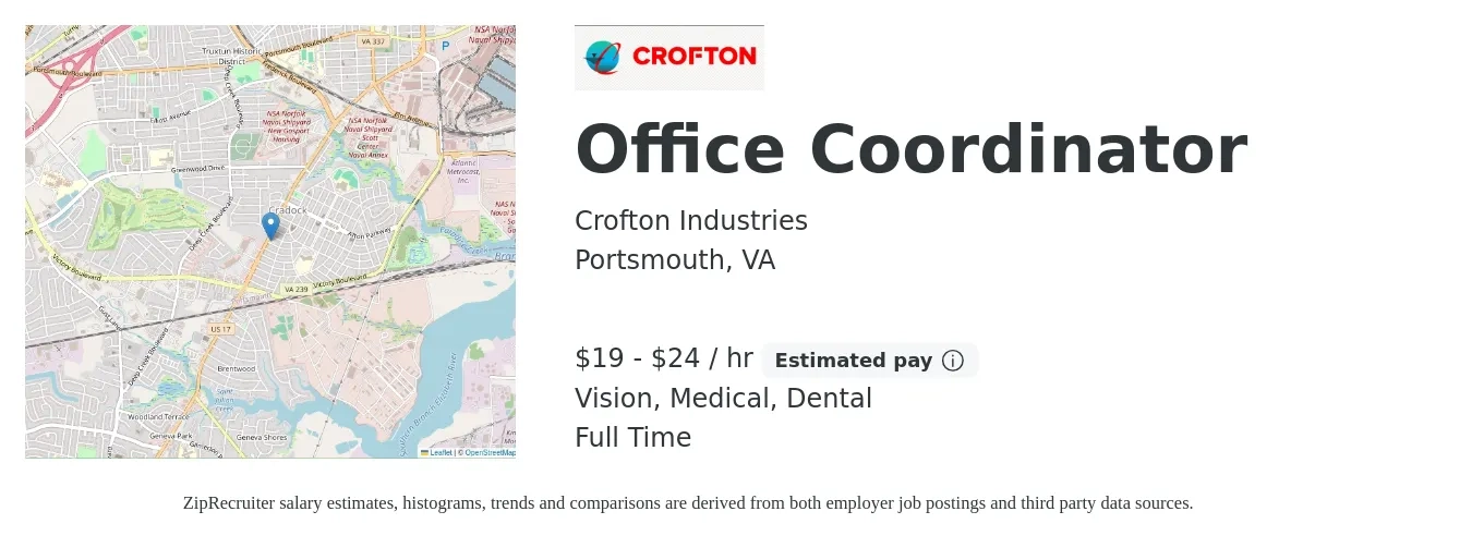 Crofton Industries job posting for a Office Coordinator in Portsmouth, VA with a salary of $18 to $23 Hourly and benefits including medical, pto, retirement, vision, dental, and life_insurance with a map of Portsmouth location.