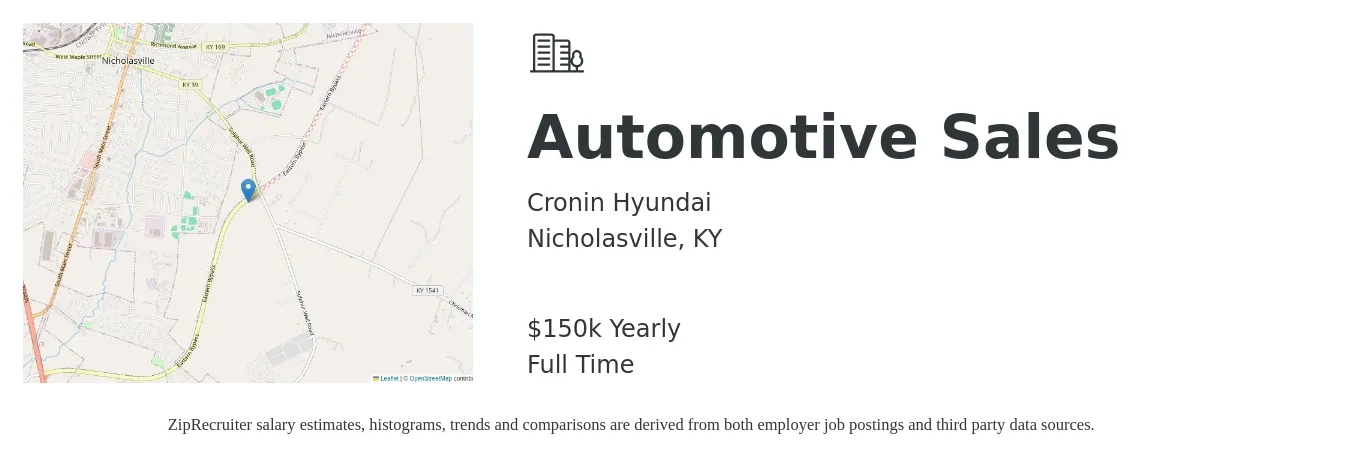 Cronin Hyundai job posting for a Automotive Sales in Nicholasville, KY with a salary of $150,000 Yearly with a map of Nicholasville location.