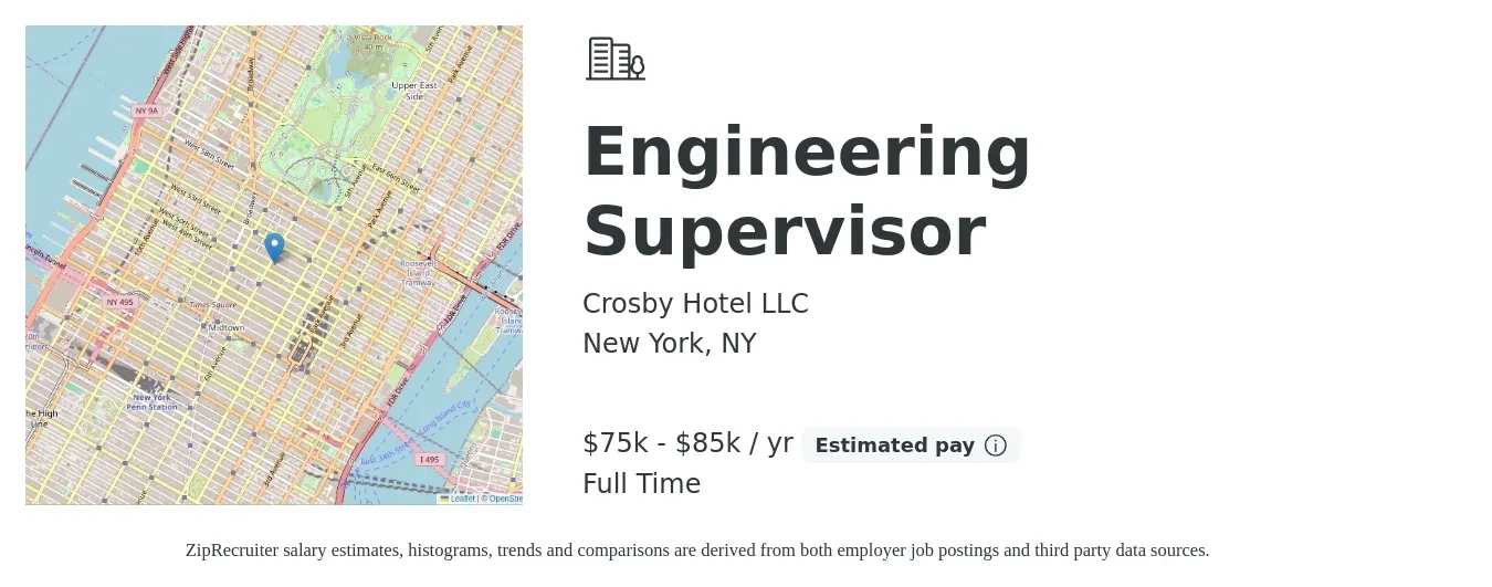 Crosby Hotel LLC job posting for a Engineering Supervisor in New York, NY with a salary of $75,000 to $85,000 Yearly with a map of New York location.