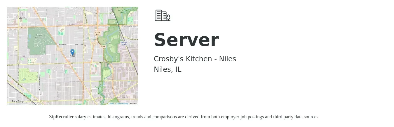 Crosby's Kitchen - Niles job posting for a Server in Niles, IL with a salary of $11 to $18 Hourly with a map of Niles location.