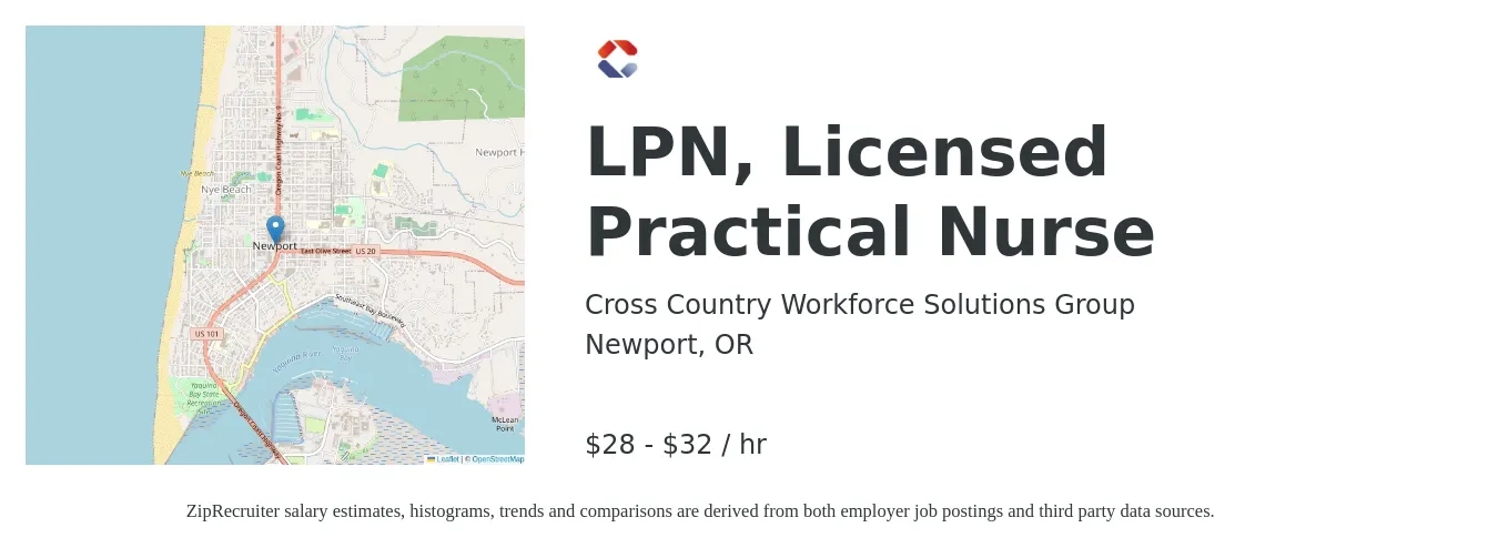 Cross Country Workforce Solutions Group job posting for a LPN, Licensed Practical Nurse in Newport, OR with a salary of $29 to $33 Hourly and benefits including dental, medical, and vision with a map of Newport location.