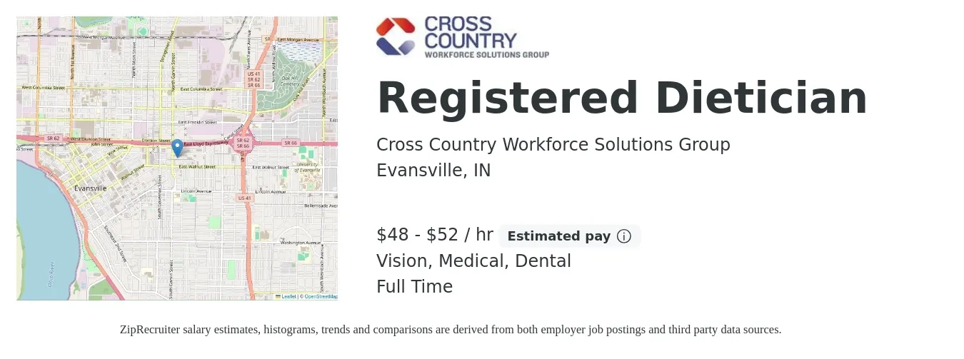 Cross Country Workforce Solutions Group job posting for a Registered Dietician in Evansville, IN with a salary of $50 to $55 Hourly and benefits including pto, retirement, vision, dental, life_insurance, and medical with a map of Evansville location.