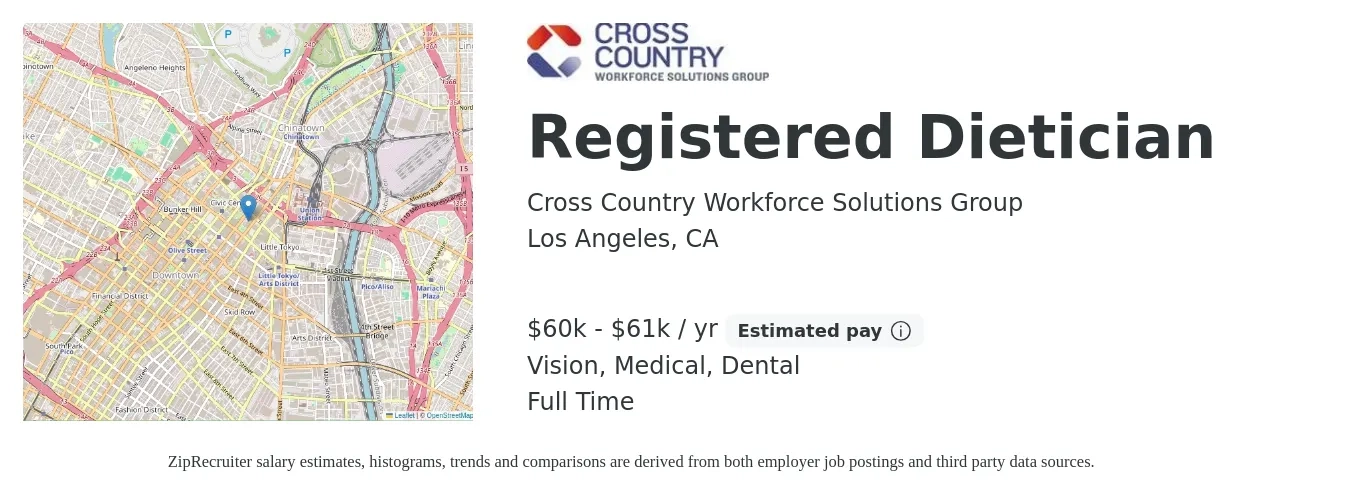 Cross Country Workforce Solutions Group job posting for a Registered Dietician in Los Angeles, CA with a salary of $60,000 to $61,256 Yearly and benefits including dental, life_insurance, medical, pto, retirement, and vision with a map of Los Angeles location.