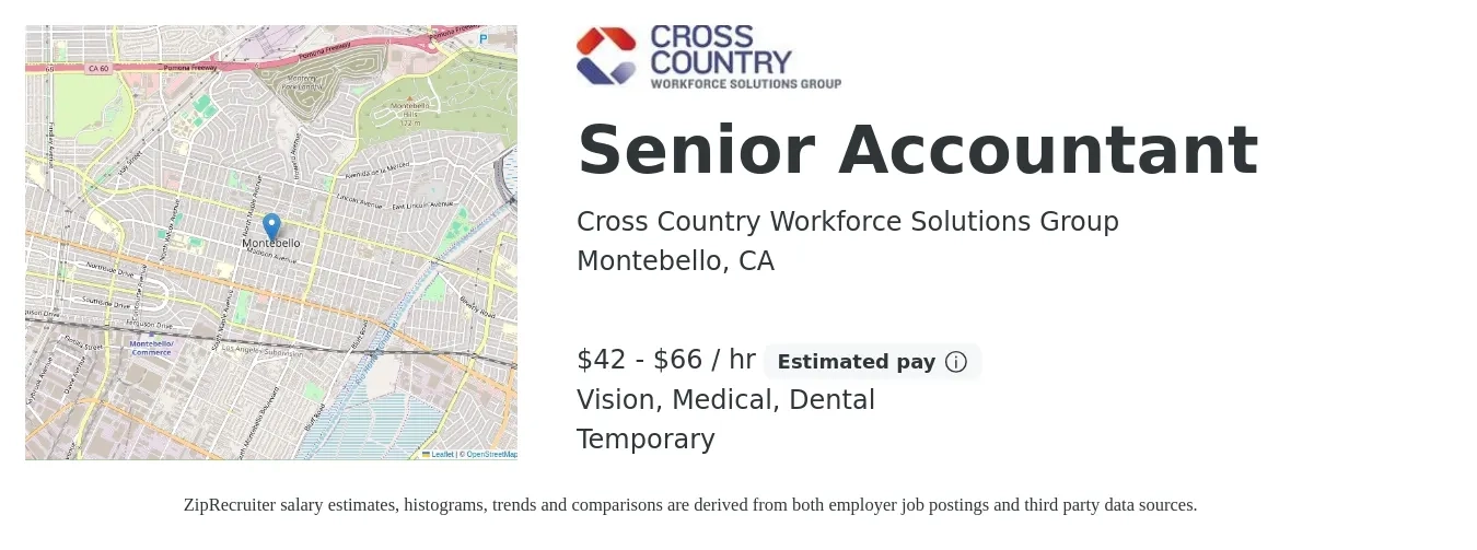 Cross Country Workforce Solutions Group job posting for a Senior Accountant in Montebello, CA with a salary of $44 to $69 Hourly and benefits including vision, dental, life_insurance, and medical with a map of Montebello location.