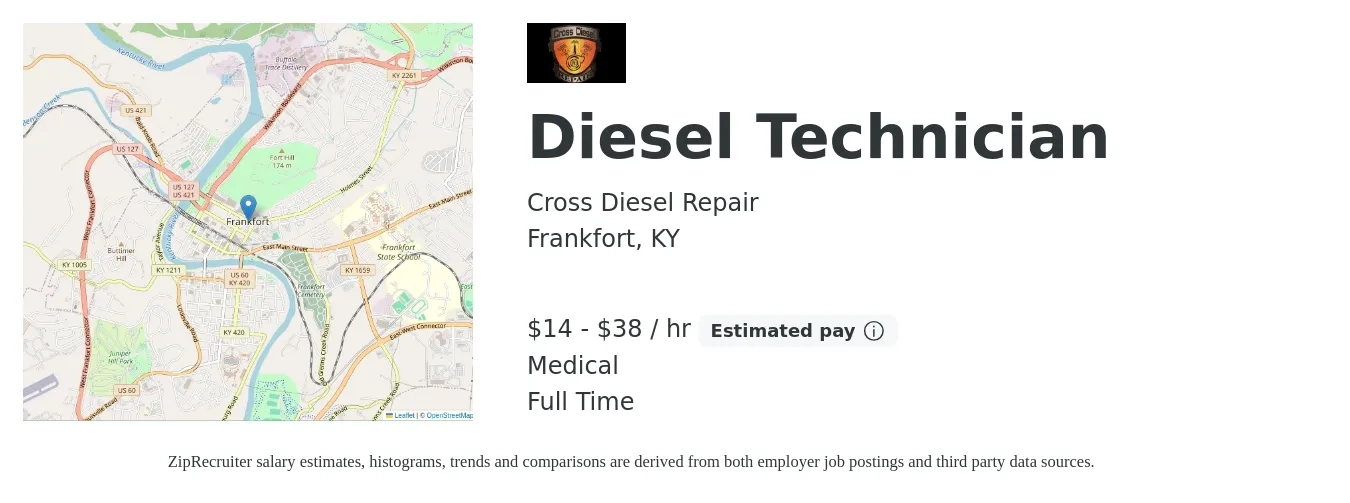 Cross Diesel Repair job posting for a Diesel Technician in Frankfort, KY with a salary of $15 to $40 Hourly and benefits including medical, pto, and retirement with a map of Frankfort location.