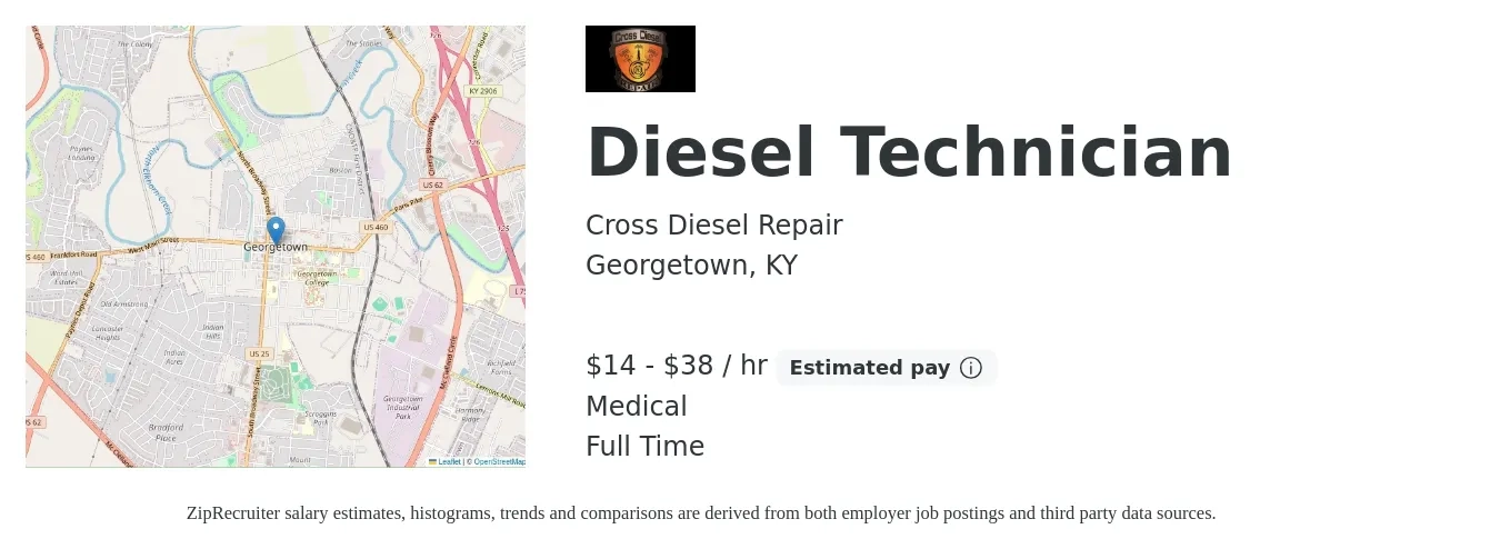 Cross Diesel Repair job posting for a Diesel Technician in Georgetown, KY with a salary of $15 to $40 Hourly and benefits including medical, pto, and retirement with a map of Georgetown location.