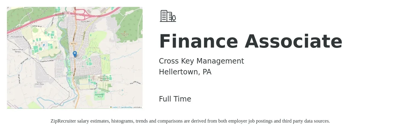 Cross Key Management job posting for a Finance Associate in Hellertown, PA with a salary of $46,800 to $72,000 Yearly with a map of Hellertown location.