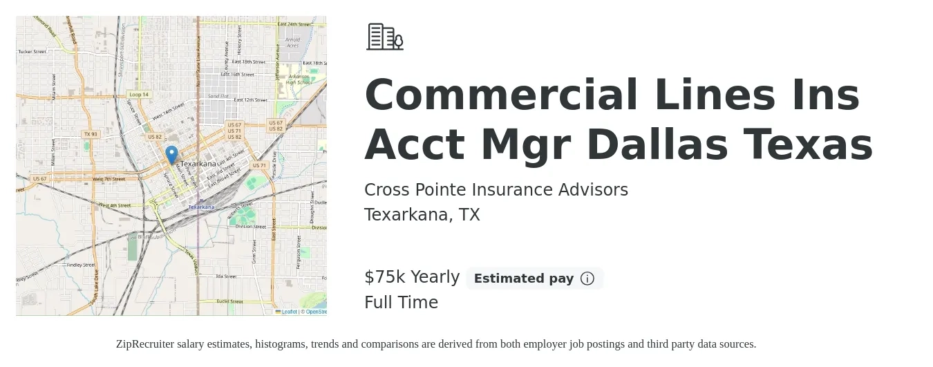 Cross Pointe Insurance Advisors job posting for a Commercial Lines Ins Acct Mgr Dallas Texas in Texarkana, TX with a salary of $75,000 Yearly with a map of Texarkana location.