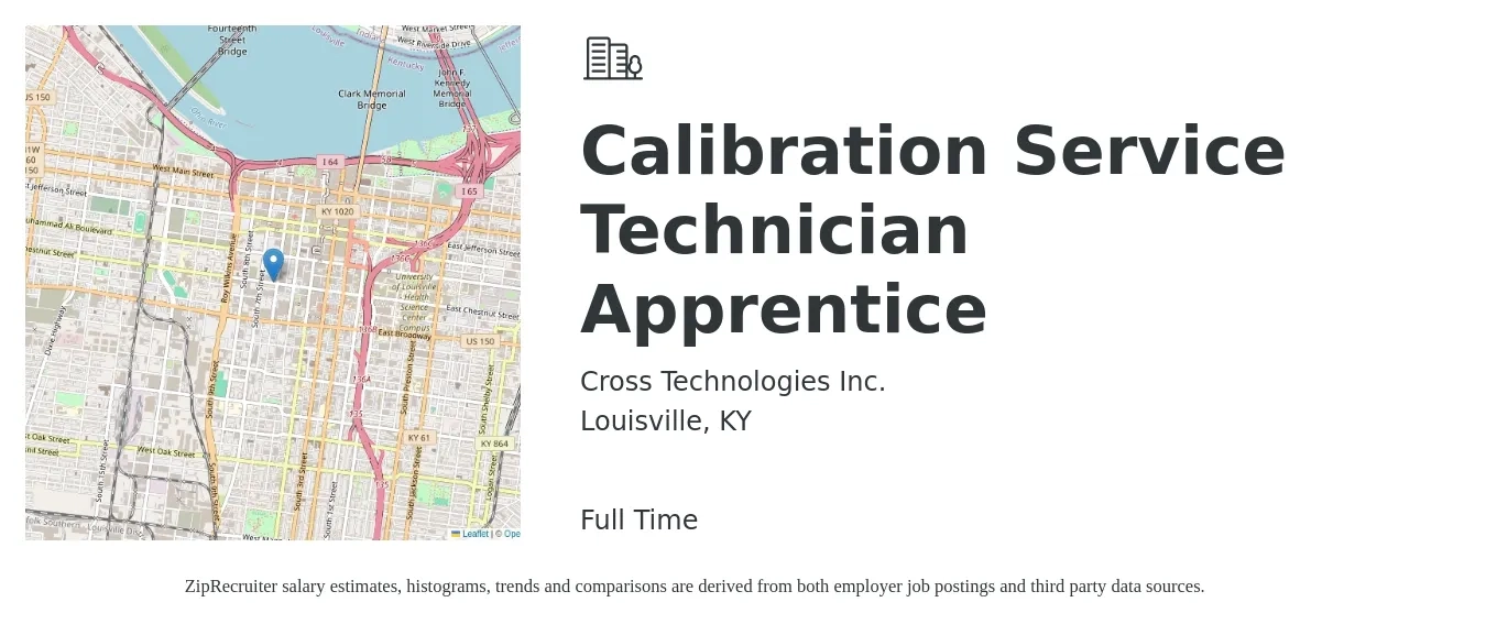 Cross Technologies Inc. job posting for a Calibration Service Technician Apprentice in Louisville, KY with a salary of $20 to $27 Hourly with a map of Louisville location.
