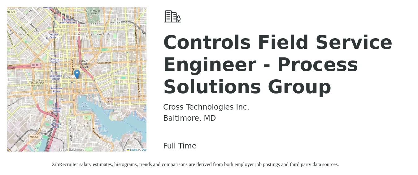 Cross Technologies Inc. job posting for a Controls Field Service Engineer - Process Solutions Group in Baltimore, MD with a salary of $83,000 to $107,300 Yearly with a map of Baltimore location.