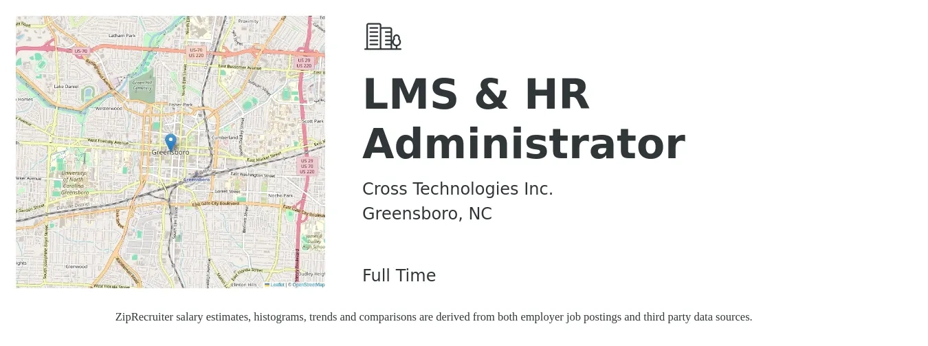 Cross Technologies Inc. job posting for a LMS & HR Administrator in Greensboro, NC with a salary of $28 to $47 Hourly with a map of Greensboro location.