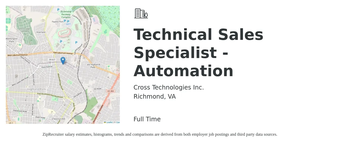 Cross Technologies Inc. job posting for a Technical Sales Specialist - Automation in Richmond, VA with a salary of $56,900 to $91,000 Yearly with a map of Richmond location.