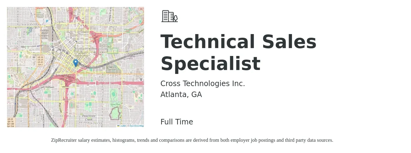 Cross Technologies Inc. job posting for a Technical Sales Specialist in Atlanta, GA with a salary of $55,300 to $88,500 Yearly with a map of Atlanta location.