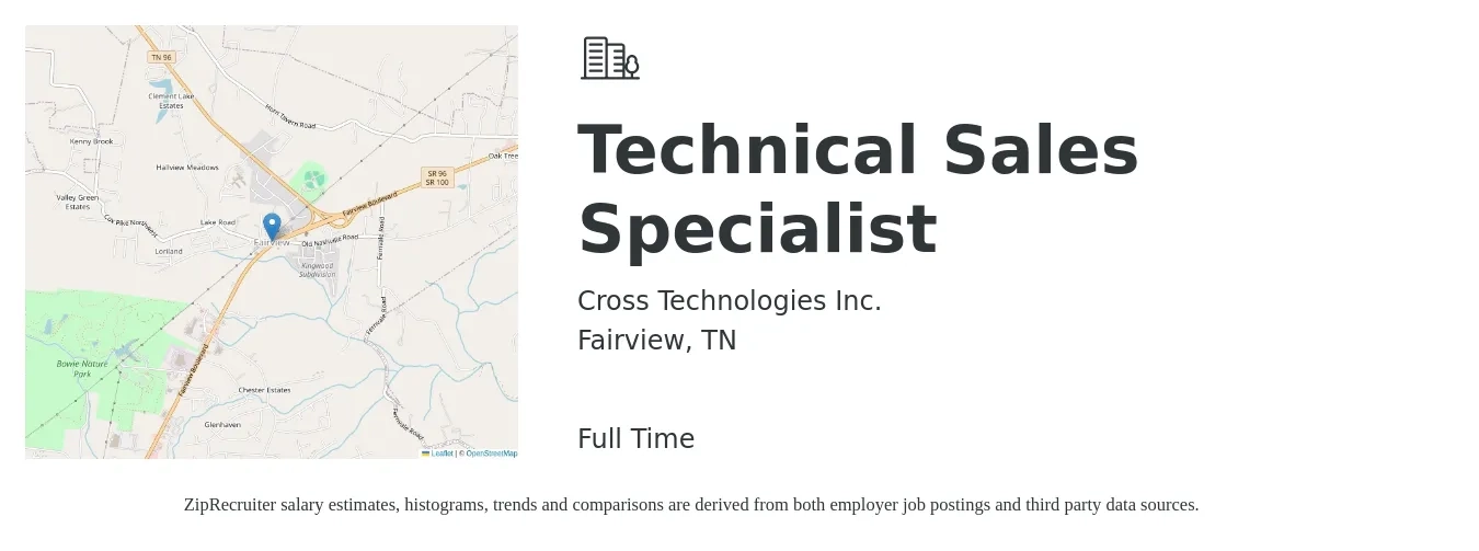 Cross Technologies Inc. job posting for a Technical Sales Specialist in Fairview, TN with a salary of $49,600 to $79,300 Yearly with a map of Fairview location.