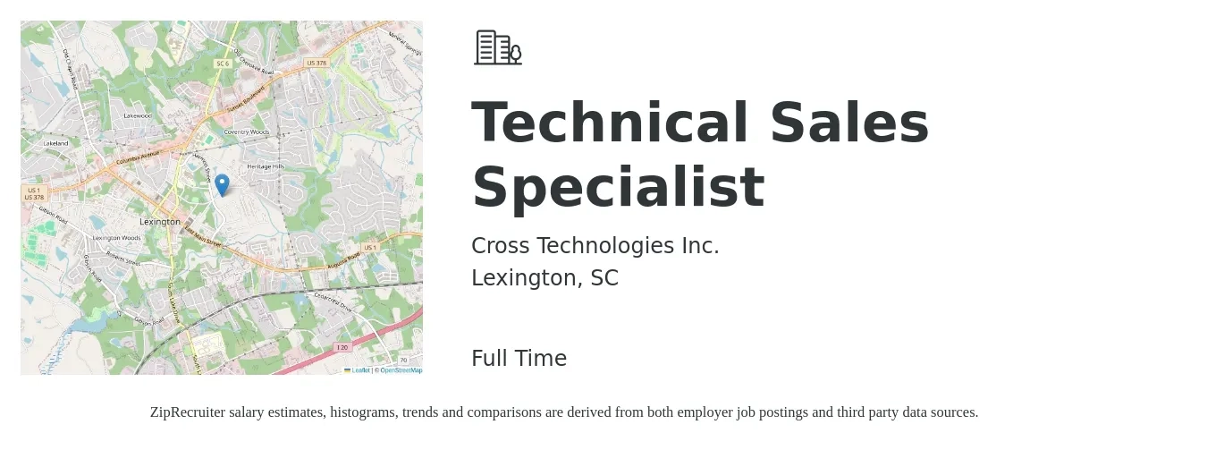 Cross Technologies Inc. job posting for a Technical Sales Specialist in Lexington, SC with a salary of $49,200 to $78,700 Yearly with a map of Lexington location.